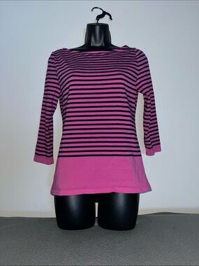 Chaps Pink and Black Striped 3/4 Sleeve Boatneck Top